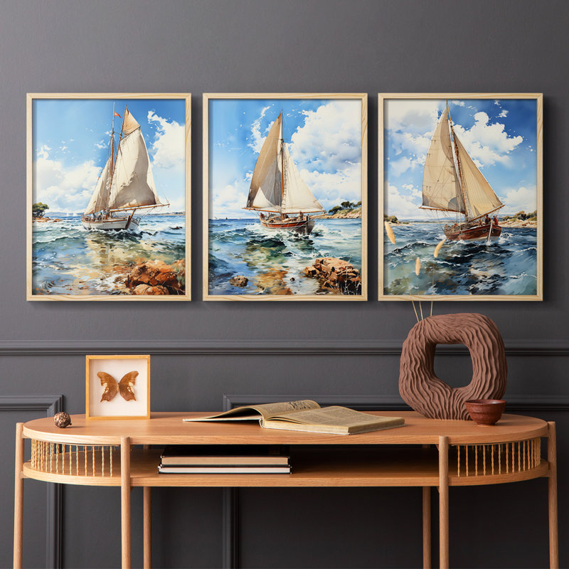 Série Sea and Shore LXIX - Ensemble de 3 estampes numériques encadrées - Prêt à être accroché, Naturel, H 10 po x l 8 po
