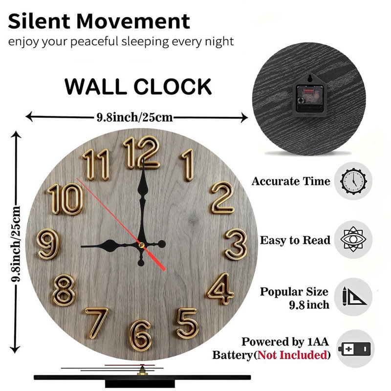 Horloge murale ronde en bois 10 po, mouvement à quartz silencieux, imprimé UV, à piles, Chêne gris
