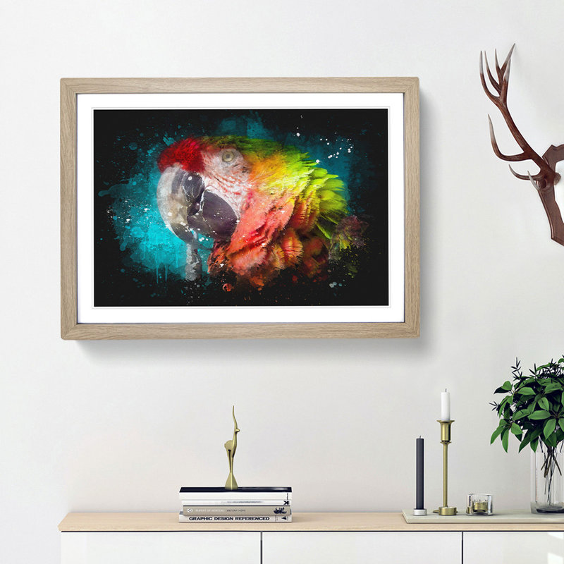 Rainbow Macaw Parrot - Picture Frame Graphic Art, Oak Framed, 24cm H x 33cm W x 2cm D