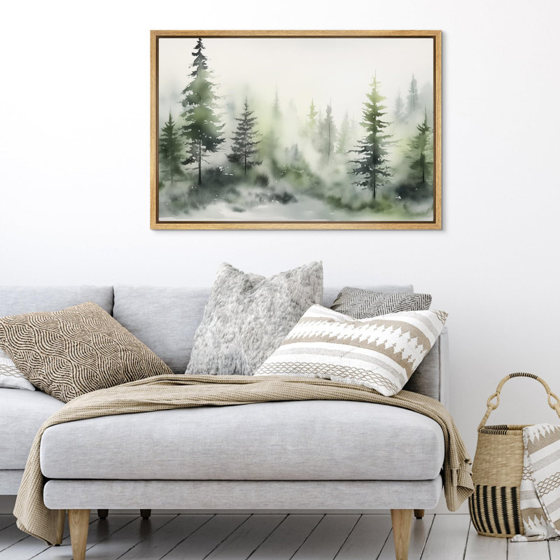 Woodland Forest Landscape " Verdant Fog Lush Pine Forest In Mist ", 24" H x 36" W, Natural Floater Frame