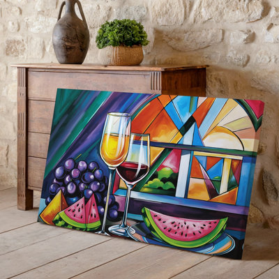 Reproduction d'art sur toile, "Nature morte cubiste vibrante" avec deux verres à vin élégants, l'un rempli de liquide doré et l'autre avec une toile profonde