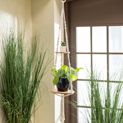Support à plante double en macramé et bois, H 32 po