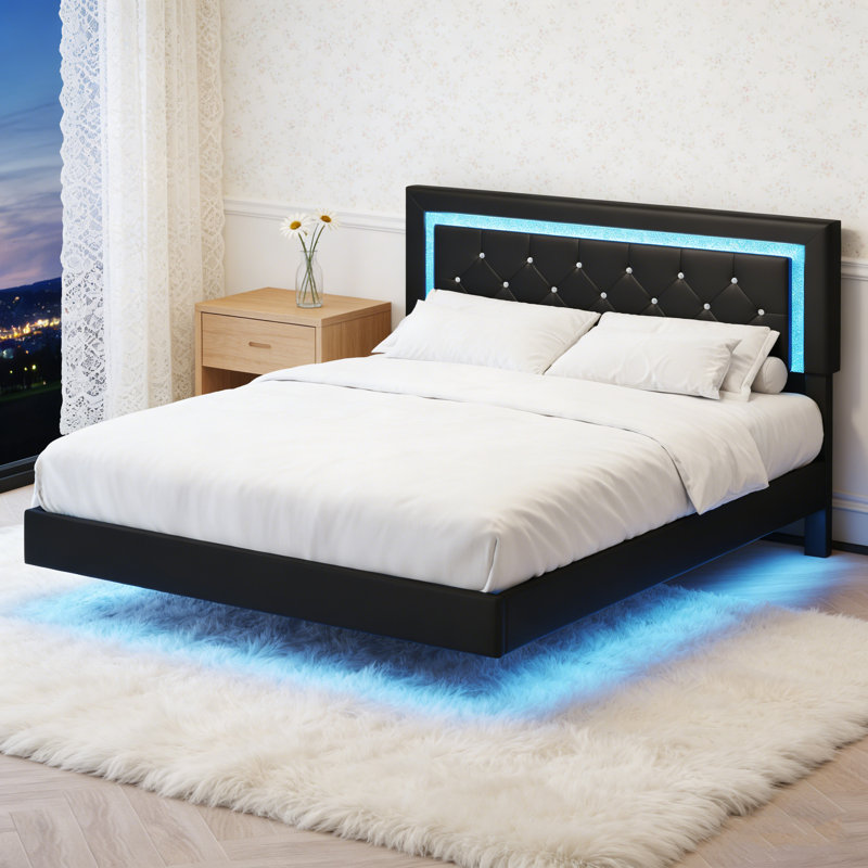 Cadre de lit plateforme flottant avec lumières DEL et tête de lit capitonnée à losanges, lit à profil bas moderne sans sommier, cadre de lit facile à installer pour la chambre à coucher