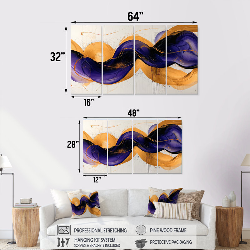 Étienne - art mural vagues - ensemble d'art mural moderne, 4, H 28 po x l 48 po