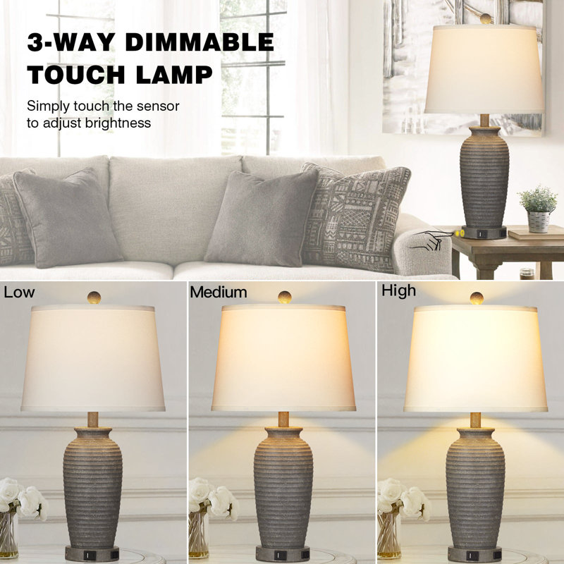 Parisse Resin Dimmable Table Lamp with USB Charging Ports, Gray, White