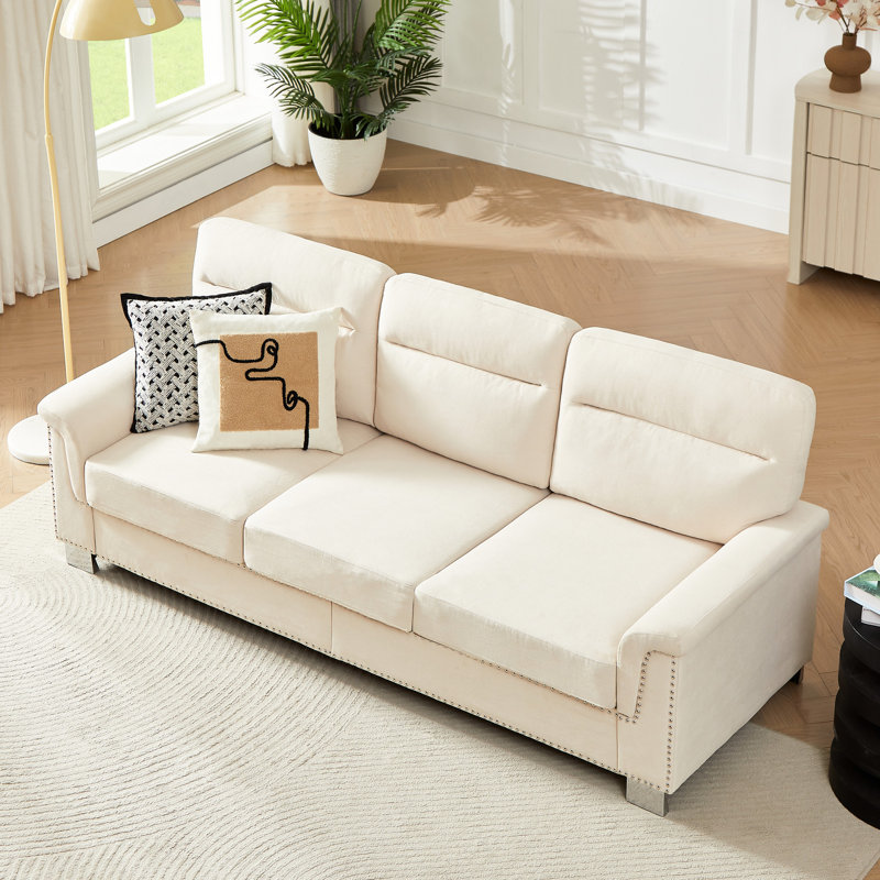 Canapé 3 places avec coussins à haute résilience beige, American Design