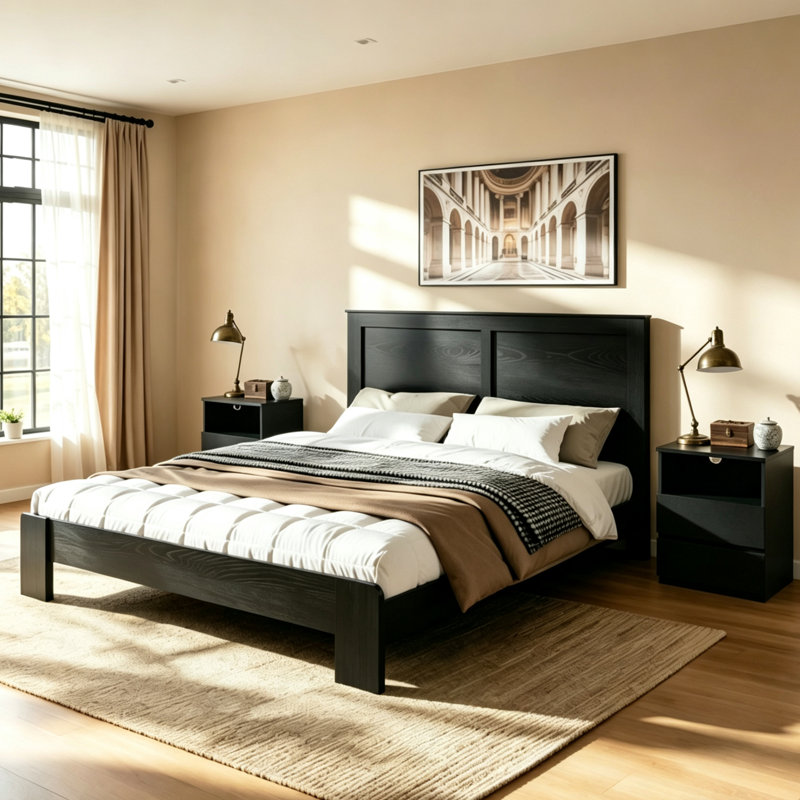 Ensemble de chambre à coucher de style campagne traditionnelle 3 pièces, très grand lit plateforme en bois avec rangement sous le lit et 2 tables de chevet à chargement avec 2 tiroirs