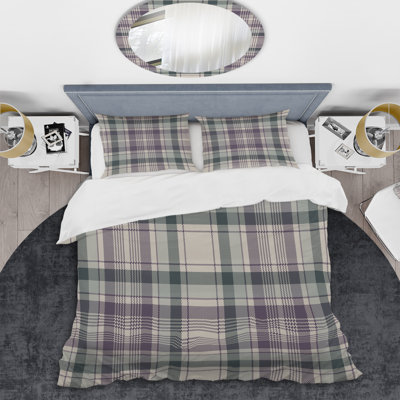 Cream and Brown Checked Tartan Polyester Plaid Duvet Cover Set