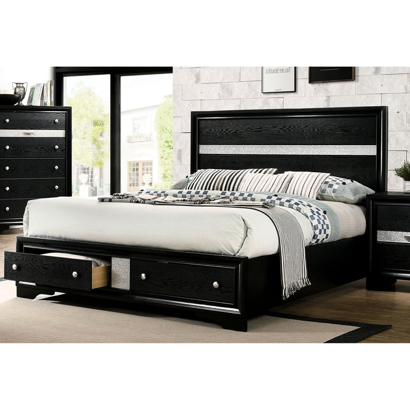Grand lit avec rangement - tête de lit noire contemporaine avec option moderne et tiroir, Noir, Grand lit