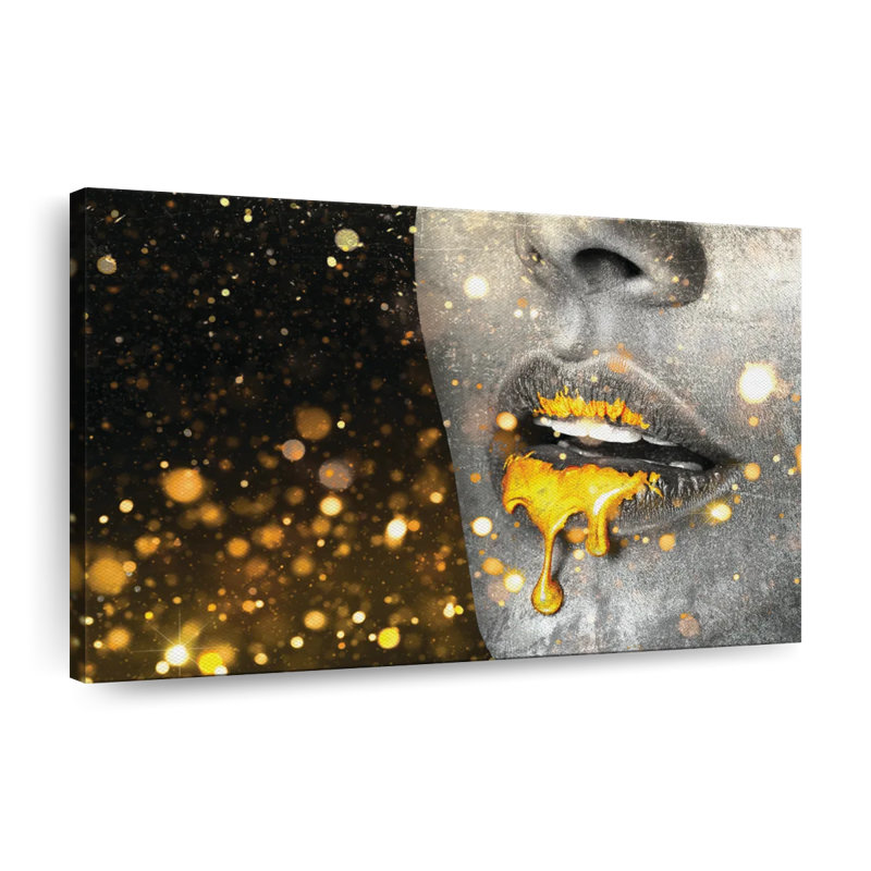 «Gold Glitter Lips Paint Drip» sur toile, H 8 po x l 12 po x P 1 po