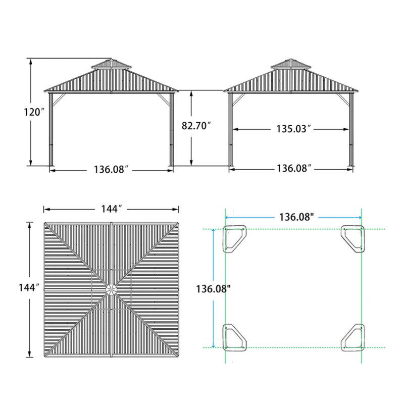 Pavillon de jardin à toit rigide 12 pi x 12 pi pourpre avec lumières DEL 48 pi