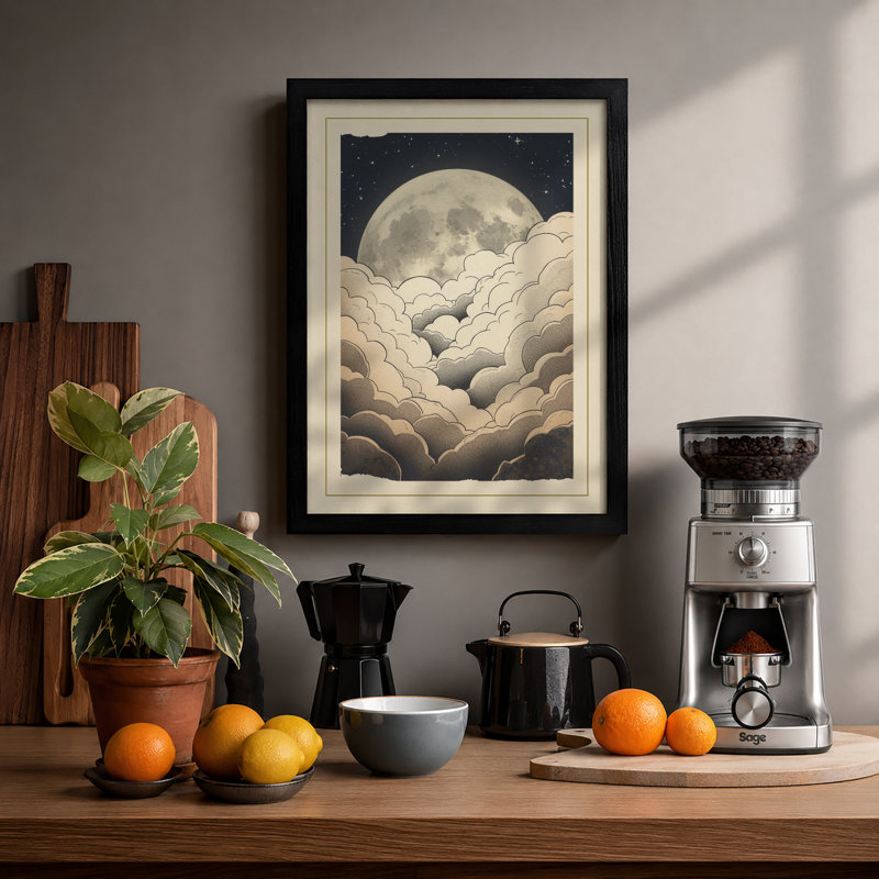 Moon Above Clouds Scandinavian - Framed Print, A1 - 84.1 x 59.4 cm, Black