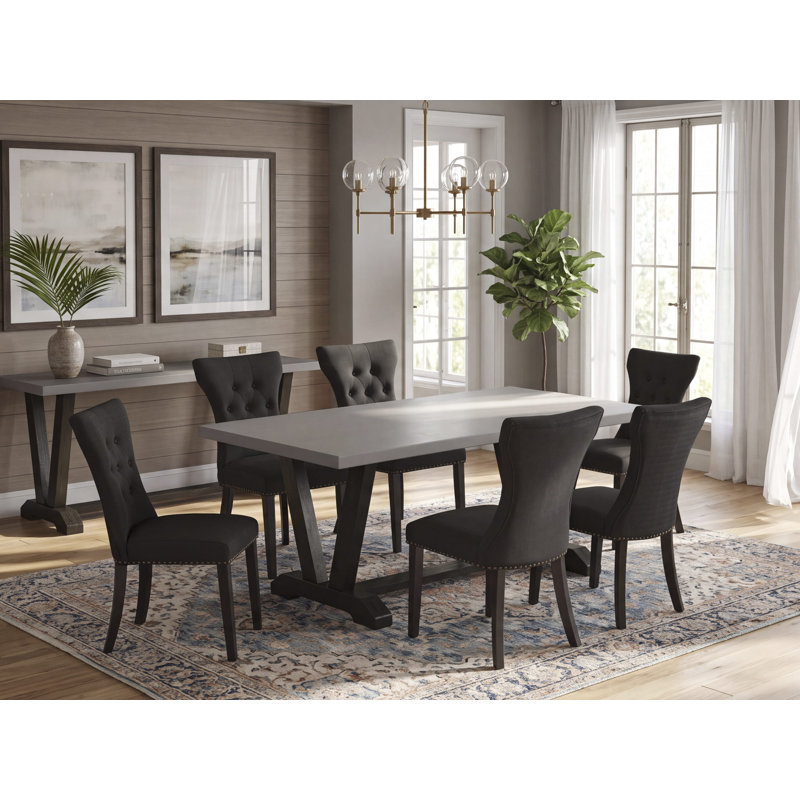 Natural Oak Finish Solid Wood Top Dining Table with Chairs with Lattice Back, 7 , Black, Light Gray