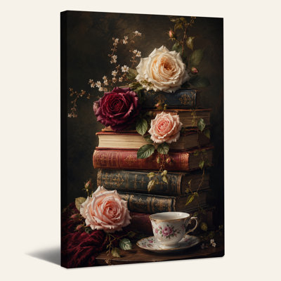 Crème et roses bourgogne sur toile d'Halloween antique, art mural sur toile