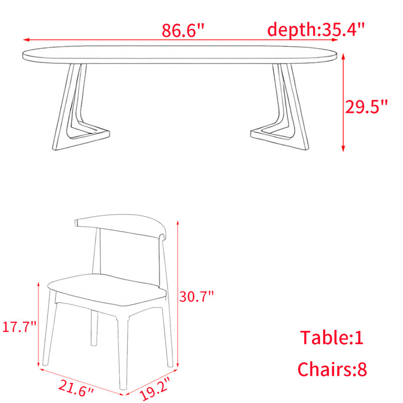 Modern simple solid wood dining table set., 29.5"H x 86.6"L x 35.4"W