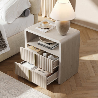 24" Modern Fluted Nightstand Set Of 2, 2 Drawer Bedside Table With Open Shelf, End Table With Curve Profile Design For Bedroom Living Room