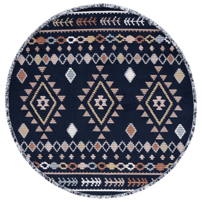 Baston Southwestern Navy/Orange/White Area Rug, Round 6'7"