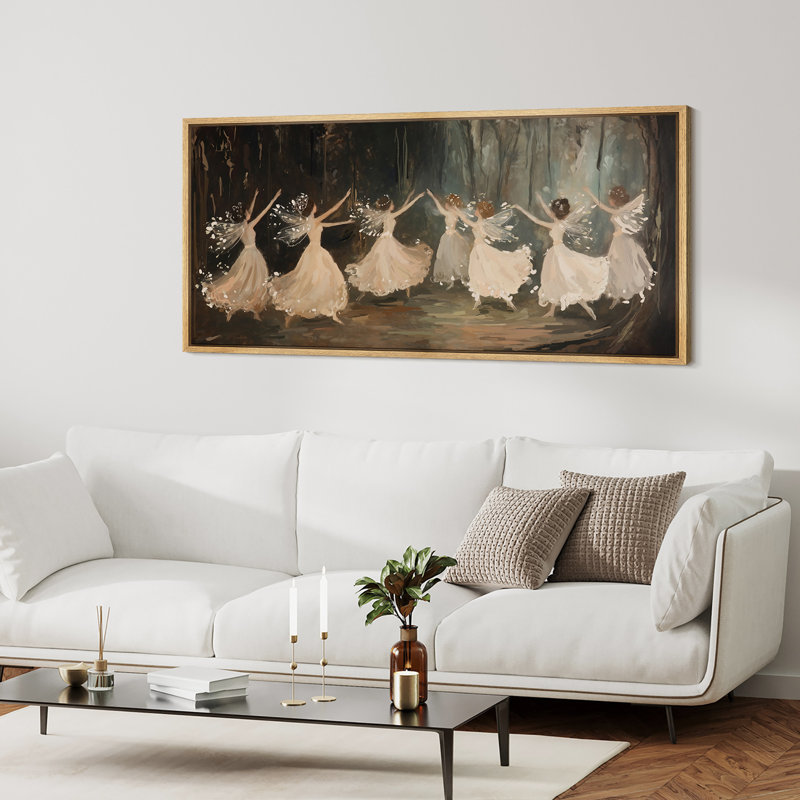 Toile encadrée «Dancing Fairies in the Forest» - Scène de ballerine fantaisiste dans des tons chauds, H 30 po x l 60 po
