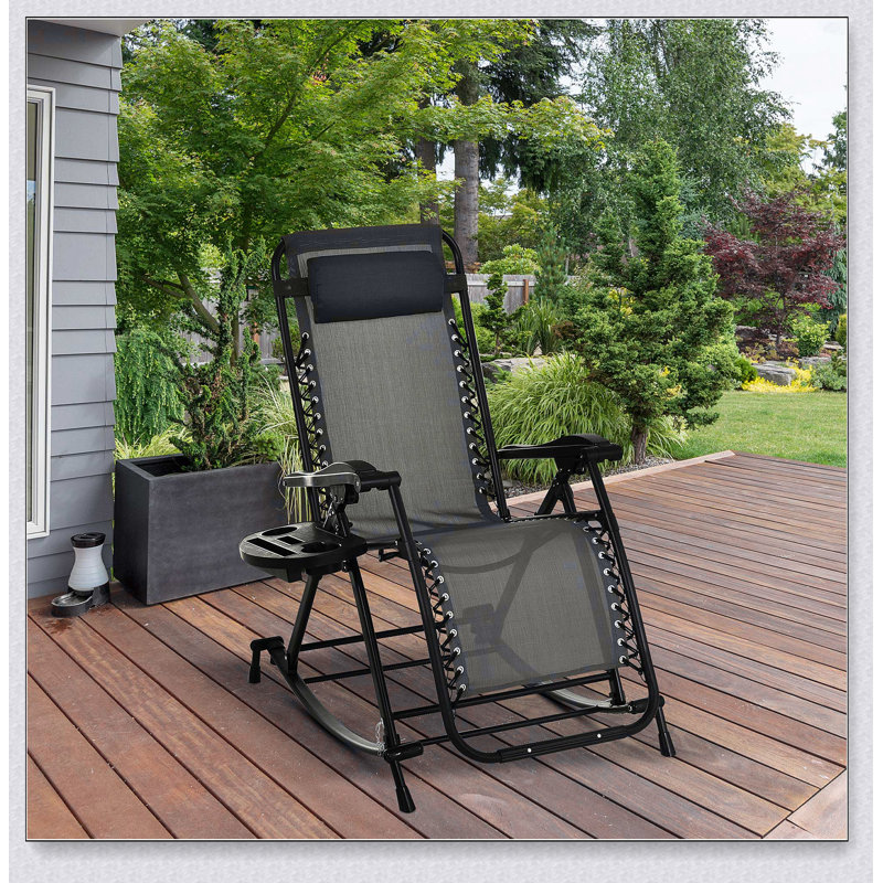 Outdoor Rocking Chairs, Foldable Reclining Anti Gravity Lounge Rocker w/ Pillow, Cup & Phone Holder, Gray