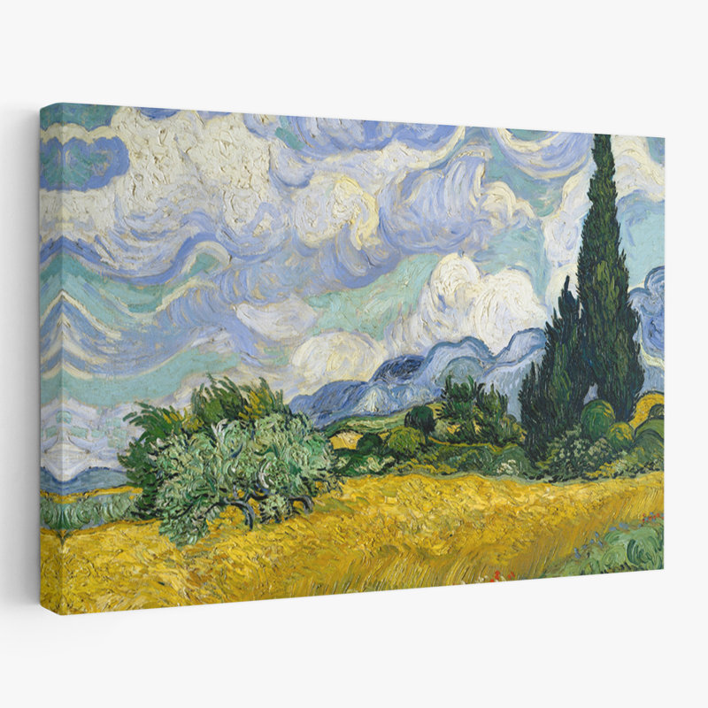 Champ de blé avec cyprès - musée d'arbres rétro, art, H 16 po x l 24 po