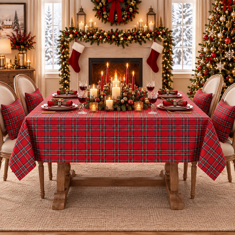 Red Plaid Christmas Cotton Blend Tablecloth, 54 by 80 Inch