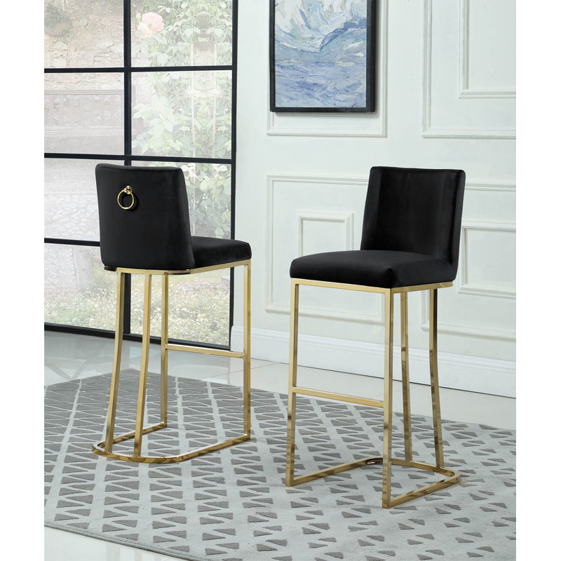 Aurrin Velvet Upholstered Bar & Counter Stool, Black, Gold, Counter Stool (26” Seat Height)