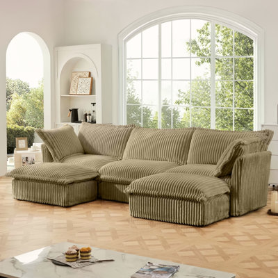 Slipcovered U Shape Sectional Deep Seat Sofa Couch, 3 Seater Sofa With French Edges Design Multiple Big Pillows, Modular Deep Seat Sectional Sofa Comfy Cloud Couch For Living Room, Apartment, Camel