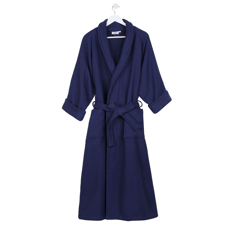 McPhail Waffle Weave Honeycomb Cotton Soft Plush Lightweight Unisex Adult Bath Robe, Navy Blue, S