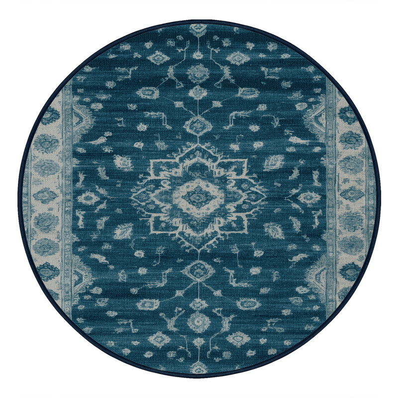 Tapis bleu lavé à la machine, Rond 8 pi