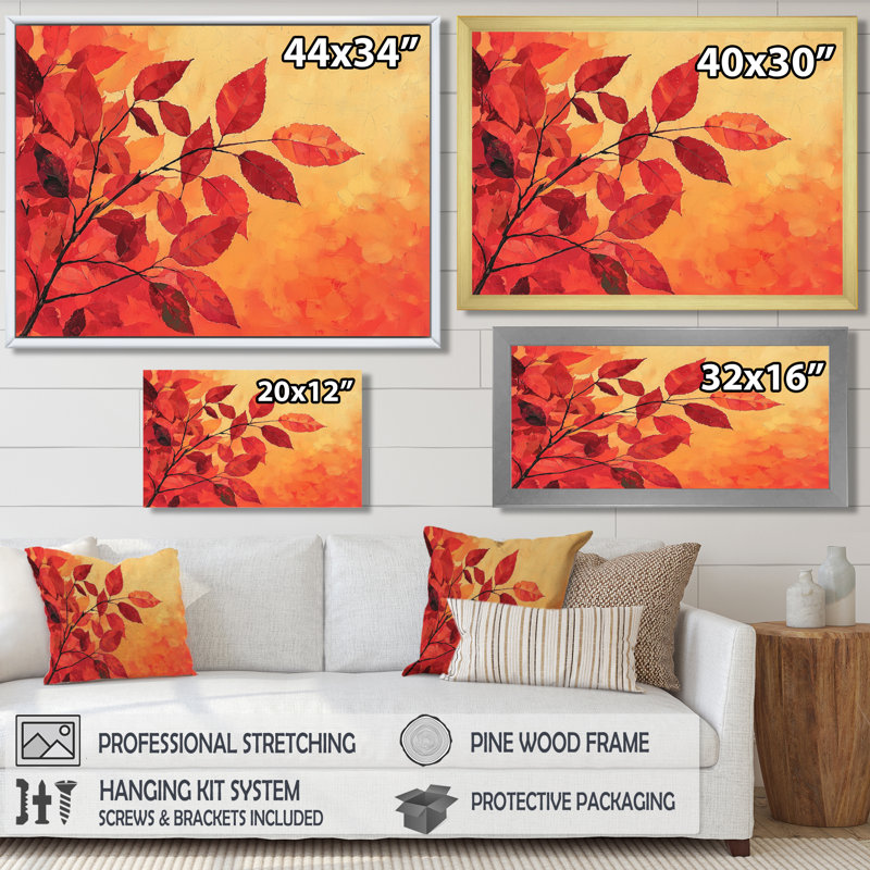 Automne, coucher de soleil sur feuille d'érable III - feuilles, art mural, H 16 po x l 32 po, Doré