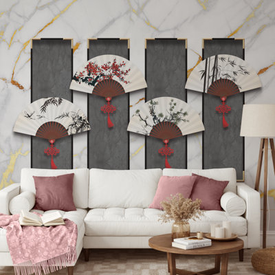Asian-Inspired Peel and Stick Wallpaper with Decorative Fan Art on Marble Background – Elegant Cultural Wall Mural for Living Room or Entryway, Suitable For All Textured Walls