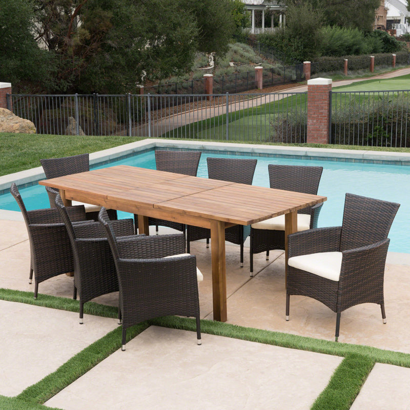 Swinney 8 - Person Acacia Patio Dining Set with Extendable Rectangular Table , Cushions Included