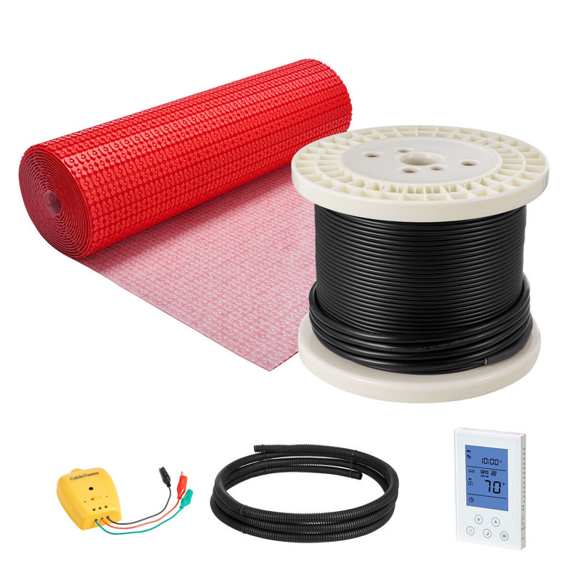 Système de tapis chauffant de 120 pieds carrés, système de plancher chauffant électrique radiant 120 V, avec membrane de découplage et thermostat et alarme à contrôle intelligent, installation facile pour les carreaux, la pierre, le vinyle