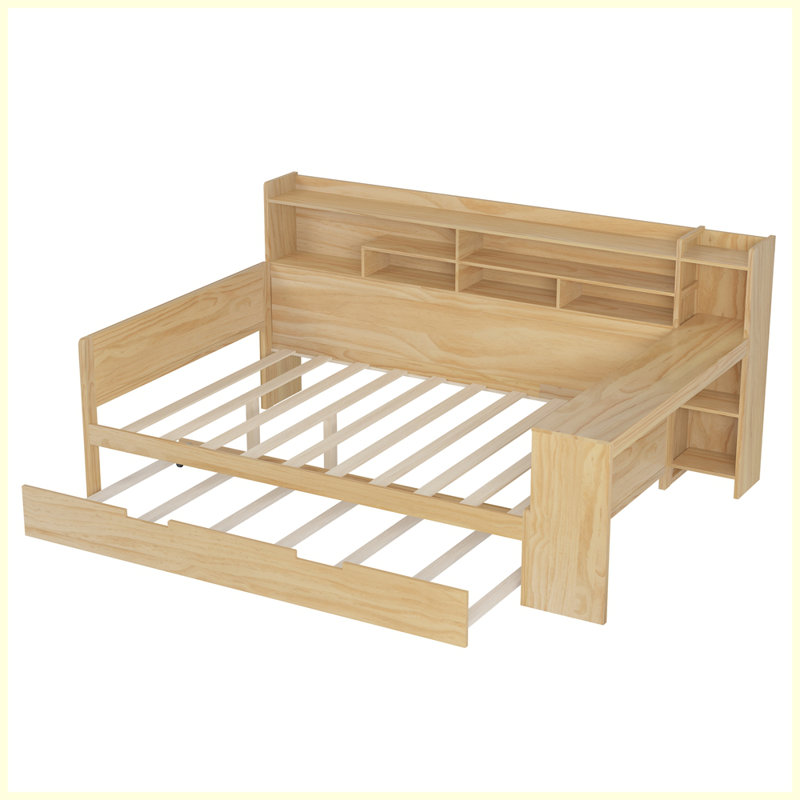 Lit de jour en bois avec tablettes de rangement, lit multifonctionnel avec lit gigogne simple et bureau, Complet/Double