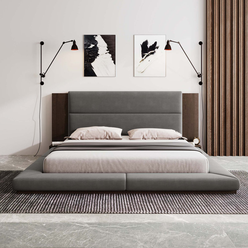 Floor Upholstered Platform Bed With Extended Wood Headboard & Bedside Shelf, Queen