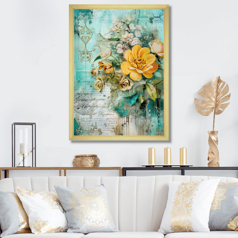 «Blossoming Yellow Rose On», art rétro, 32" H x 16" W, White Picture Framed