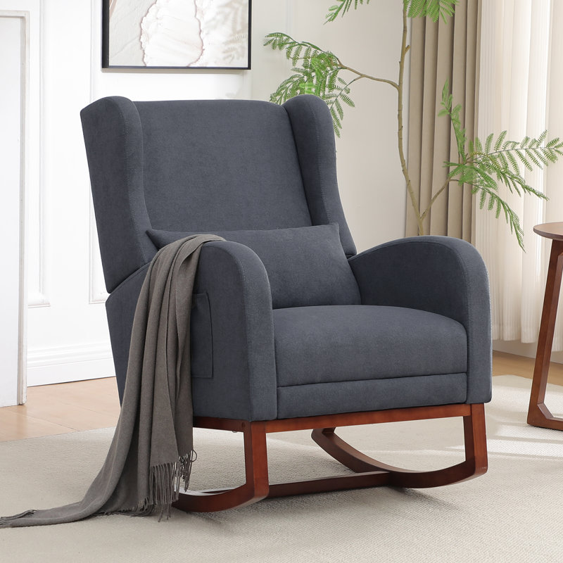 Chaise berçante de 30 po de largeur avec pieds et repose-pieds en bois massif, Mélange de lin gris foncé
