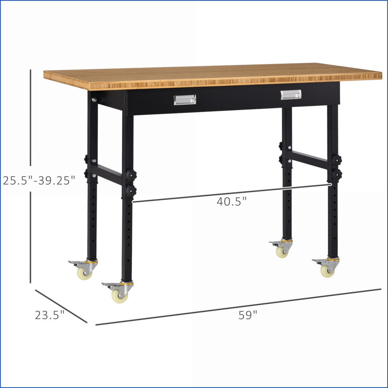 Établi avec plan de travail en bambou et hauteur réglable de 59 po avec tiroir et roues, capacité de 1320 lb, noir / naturel | Bambou | Bois naturel