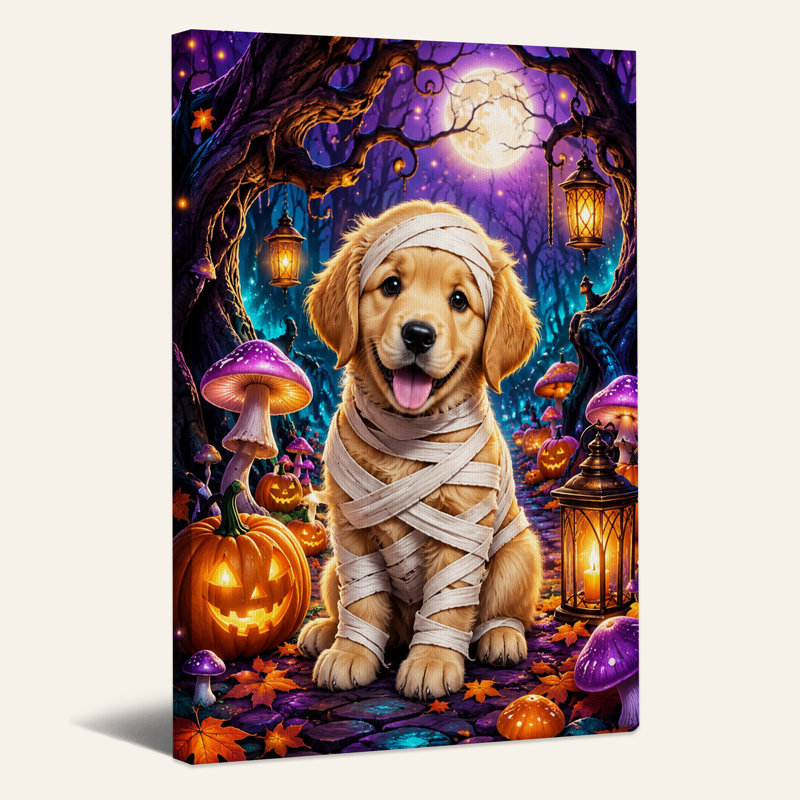 Art mural sur toile Mummy Dog in Spooky Forest with Glowing Pumpkins, H 48 po x l 36 po