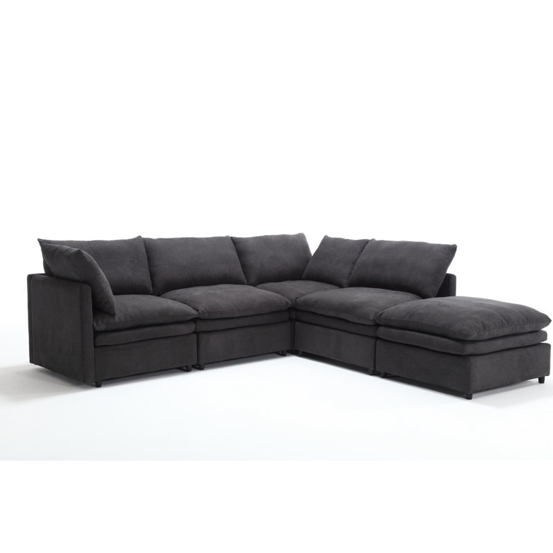 Salon modulaire en forme de U - Canapé-lit à 5 places avec méridienne, revêtement gris foncé, fabrication en bois et en fer, coussins doubles revêtus d'espace