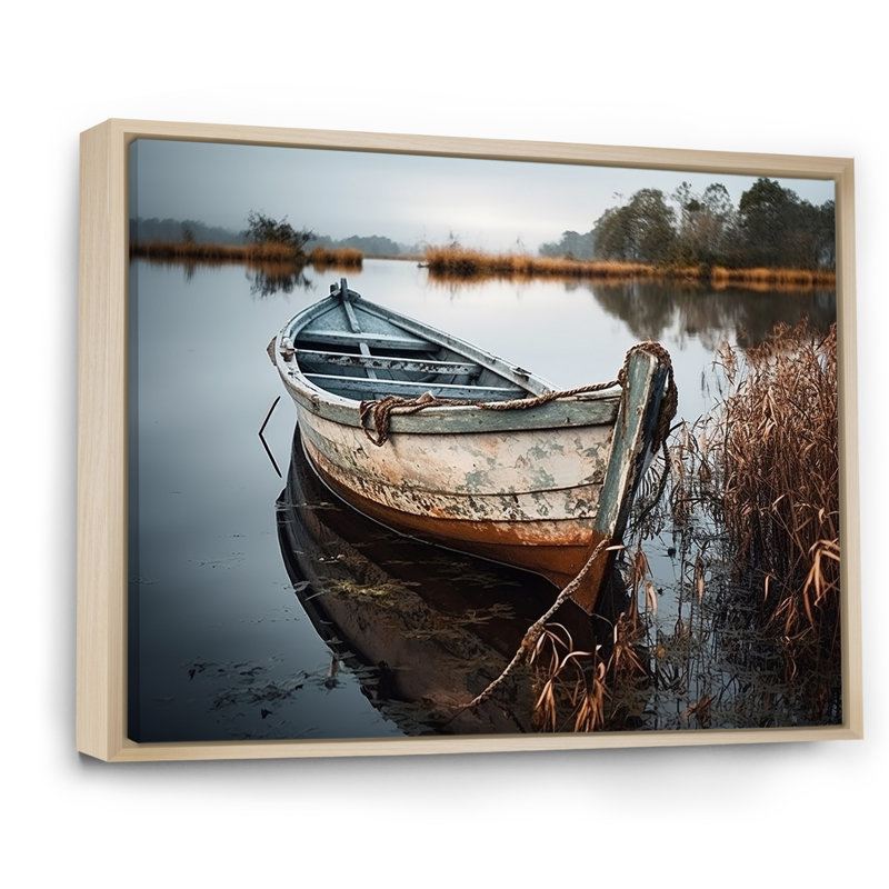 «Coastal Boat Charm In Autumn» - art mural bateau côtier, H 24 po x l 32 po x P 1 po, Cadre naturel flottant