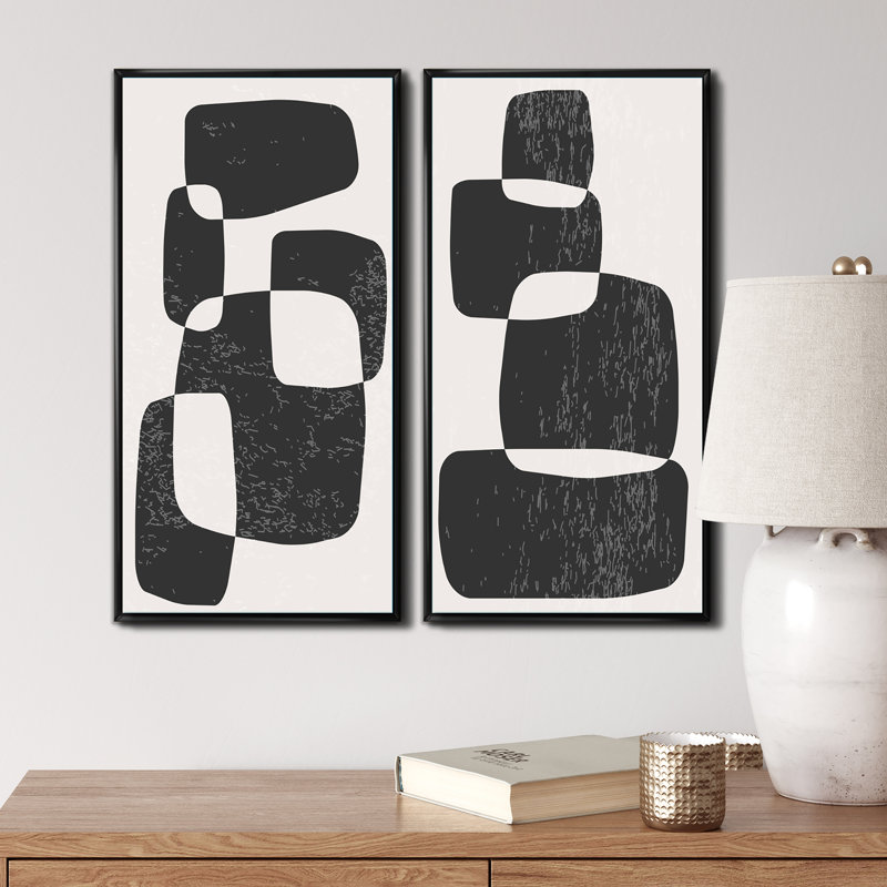 «Abstract Artistic Organic Minimalistic Shapes IV», ensemble de 2 peintures, H 20 po x l 24 po x P 1 po, Cadre noir