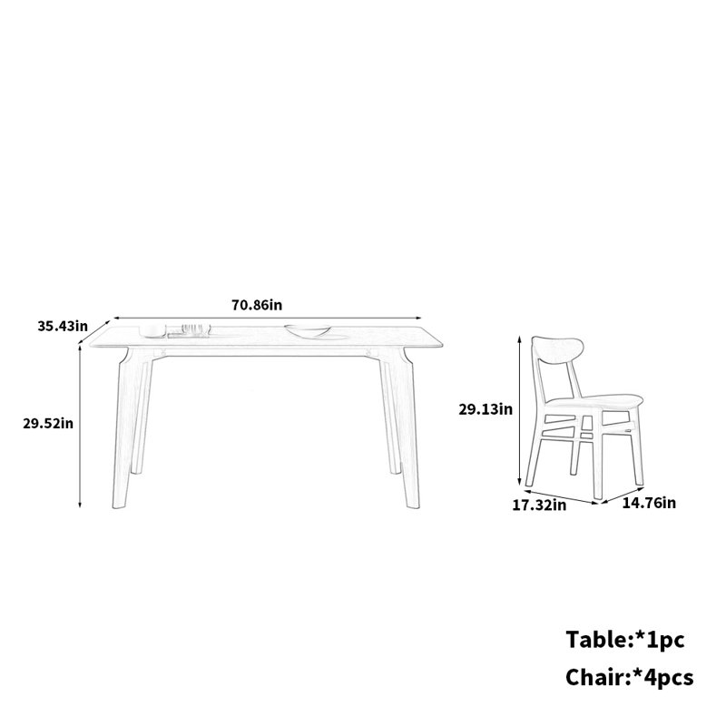 Table et chaises de qualité supérieure en frêne blanc, H 29,52 po x L 70,86 po x l 35,43 po