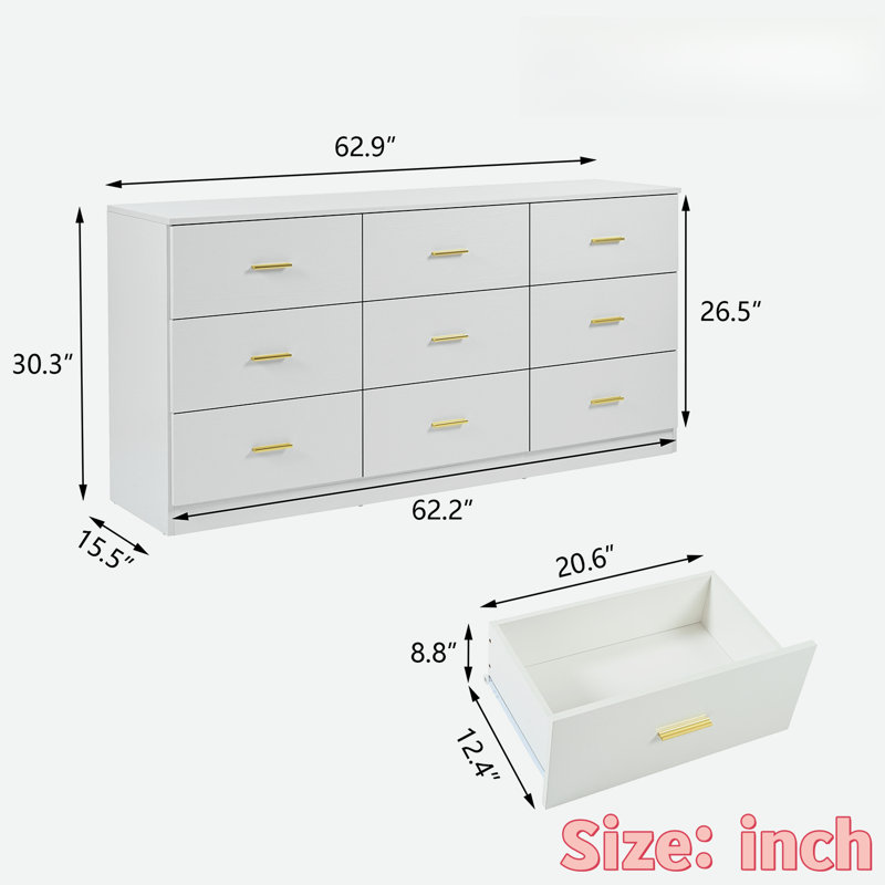 Commode moderne avec 9 tiroirs et poignées dorées