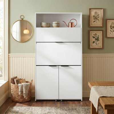 Armoire de cuisine compacte de 69 po de hauteur, buffet en panneau de fibres à densité moyenne de qualité P2 avec huche et poste de travail pliable, armoire de rangement multifonctionnelle avec tablette réglable et prise de courant pour la salle à manger et le salon