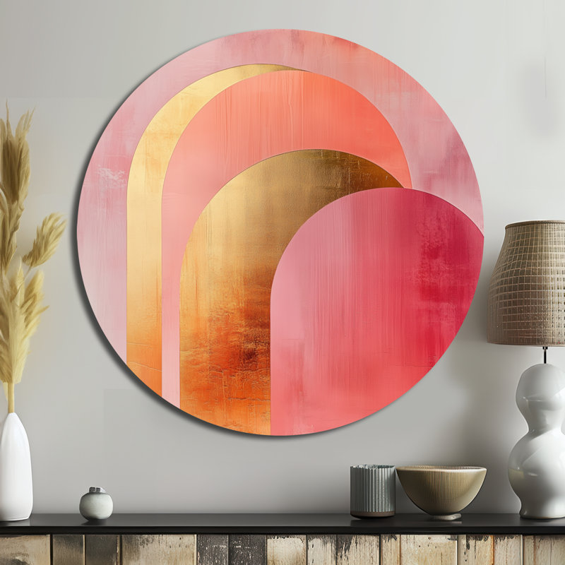Rosé et arcs dorés - Décoration murale transitionnelle abstraite moderne en métal, L 36 po x H 36 po