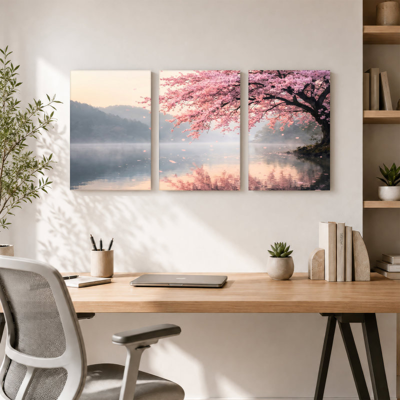 «Pink Cherry Blossom Tree Over Misty Lake and Mountains», ensemble de 3 toiles, H 24 po x l 16 po x 3 pièces