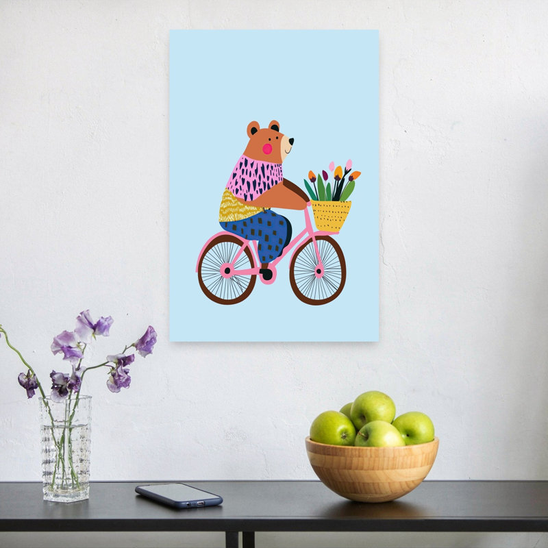 «Happy Bear Bike Ride», impression d'art mural fantaisiste et coloré, H 24 po x l 16 po