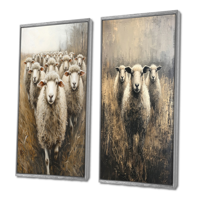 Minimalisme moutons Woolly Wanderers I - animaux, collection d'art mural 2 panneaux, Silver Floater Framed, H 32 po x l 33 po
