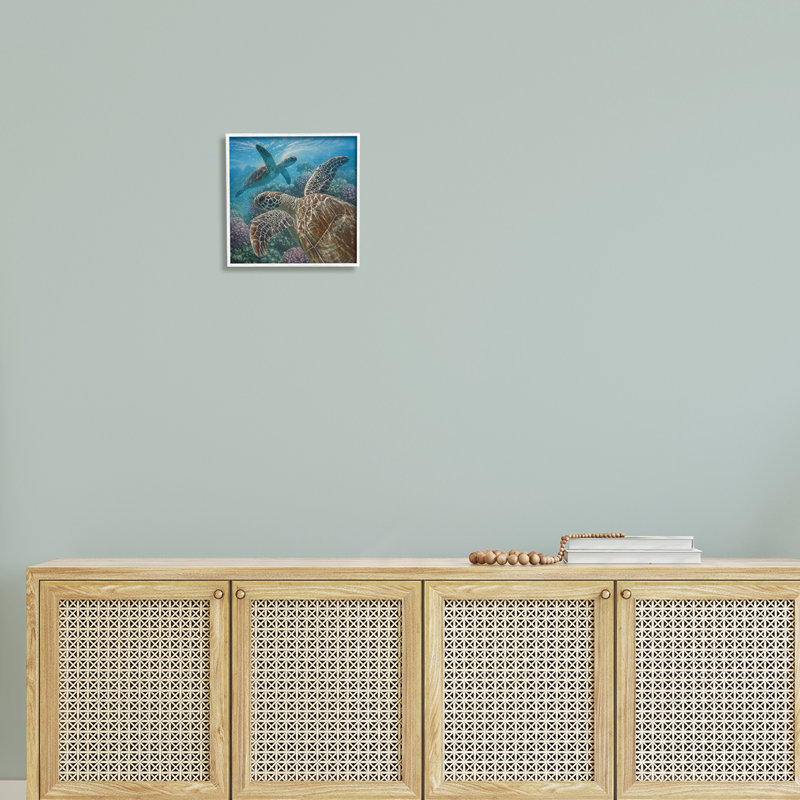 White Framed Sea Turtle Pair Coral Reef Canvas Wall Art, 12 x 12